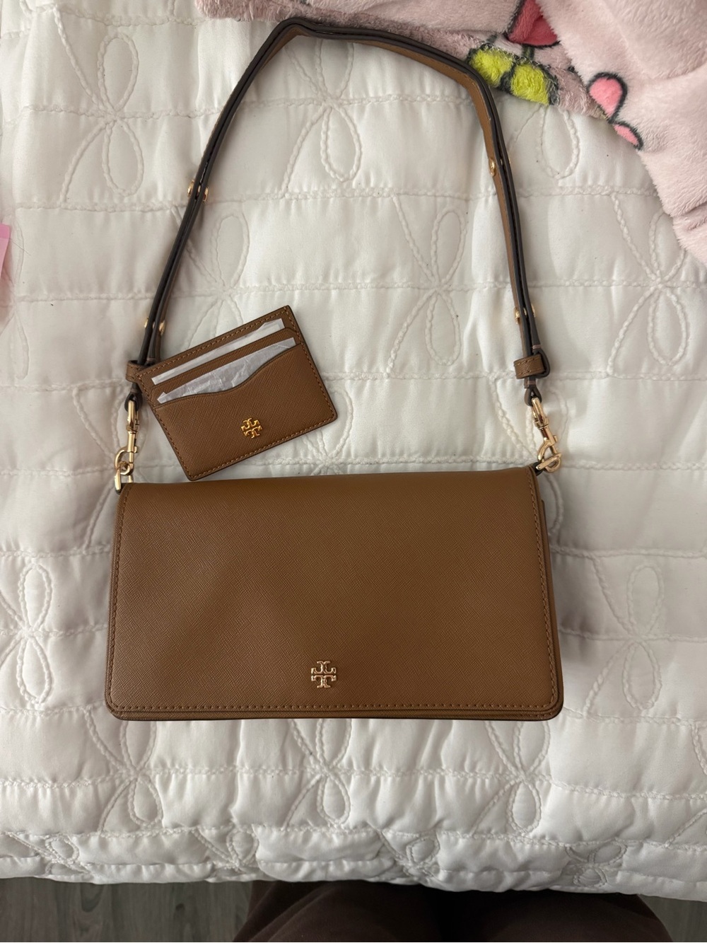 Tory Burch Brown Saffiano Leather Shoulder Bag with Card Case